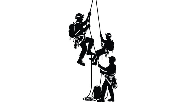 Rappelling Climbers Silhouette Against White Background mountaineering