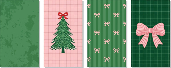 Fototapeta premium Set of christmas background patterns with pine tree, bows, and festive textures