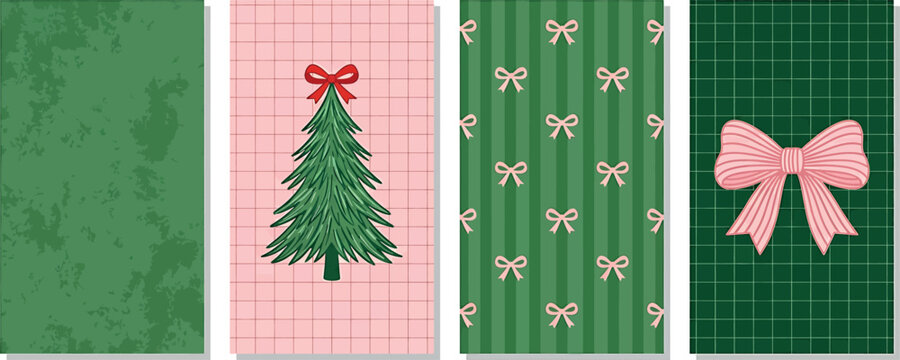 Set of christmas background patterns with pine tree, bows, and festive textures