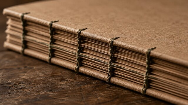 Extreme macro close-up of a handmade notebook featuring exposed coptic stitch thread binding