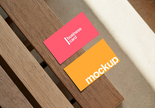 Minimal and Patterned Business Card Mockup on Wooden Surface with Natural Light