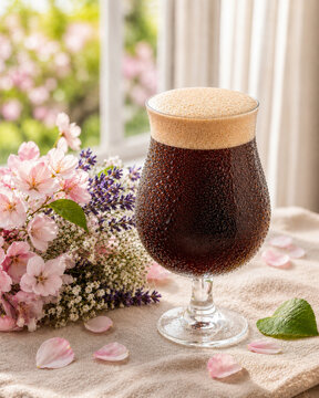 Nitro Cold Brew Coffee in Stemmed Glass with Creamy Foam, Spring Cherry Blossoms and Lavender Bouquet on Linen, Scattered Pink Petals, Soft Morning Window Light