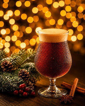 Nitro Cold Brew Coffee in Stemmed Glass with Creamy Foam, Christmas Fairy Lights Bokeh Background, Pine Branch with Snow, Cinnamon Sticks and Holly Berries, Festive Holiday Beverage