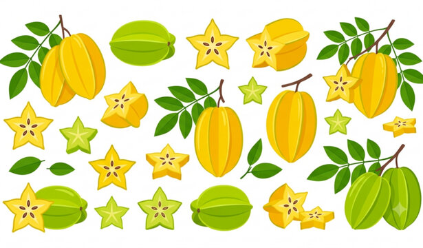 Star fruit vector illustration with whole and sliced Averrhoa carambola isolated on white