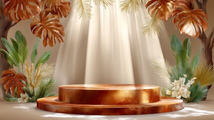 Fototapeta premium Luxury copper metallic podium in tropical jungle with dramatic god rays and monstera leaves
