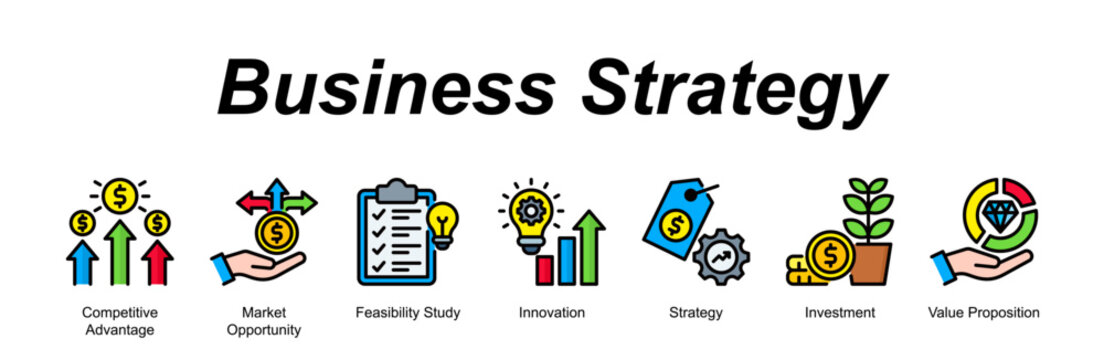Business Strategy banner web icon vector illustration concept with an icon of Competitive Advantage, Market Opportunity, Feasibility Study, Innovation, Strategy, Investment, Value Proposition 