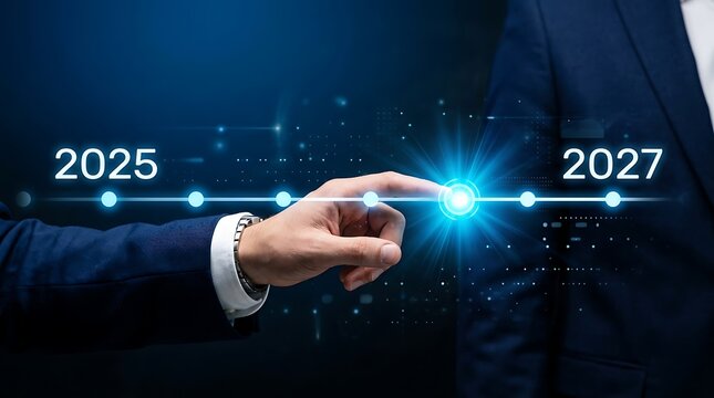 Businessman in suit interacts with futuristic timeline from 2025 to 2027, representing innovation and progress in technology and planning.