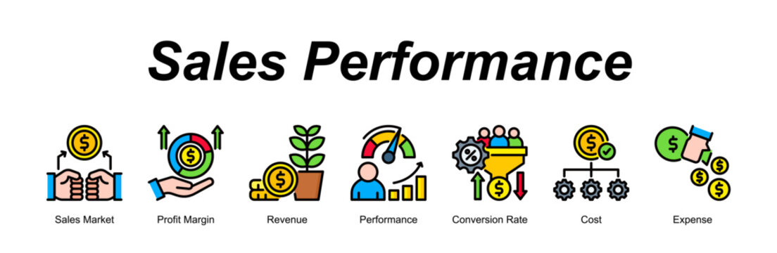 Sales Performance banner web icon vector illustration concept with an icon of Sales Market, Profit Margin, Revenue, Performance, Conversion Rate, Cost, Expense 