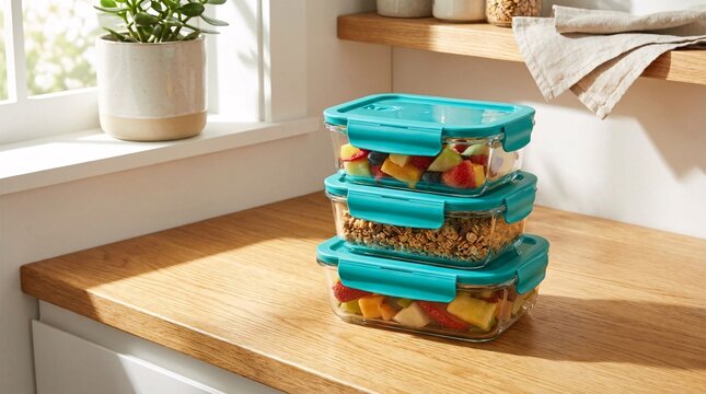 Clear plastic storage containers with vibrant teal snap lids sit neatly on a polished oak kitchen counter in bright morning sunlight.