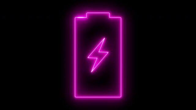 Glowing purple neon line Battery icon  with lightning bolt symbol. neon line mobile battery charging icon animation concept. 4K video