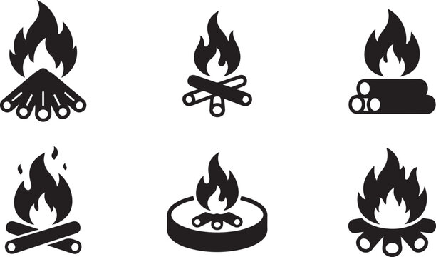 Six camping fire icons with flames in black and white style Vector