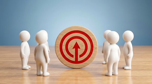 Five white human figures standing around a large red target with an arrow pointing up on a wooden table in a blue room with a gradient background, symbolizing teamwork and goal-oriented strategy.
