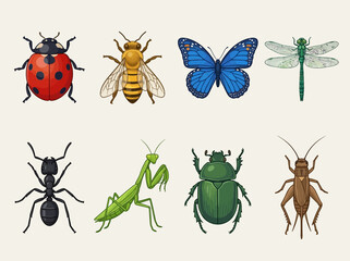 Fototapeta premium Vector Illustration Set of Common Insects Including Butterfly Bee Ladybug Dragonfly Ant Beetle Mantis and Cricket