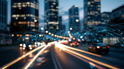 Fototapeta premium Glowing city street with long luminous light trails threading between brightly lit skyscrapers at soft dusk reflective wet asphalt and atmospheric glow no people cinematic