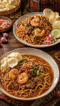 Close serving of Mie Aceh noodles with shrimp, herbs, and crispy crackers.generative AI
