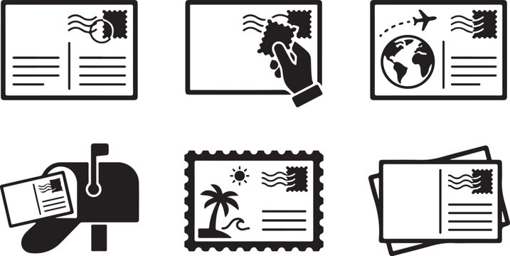 Set of six communication and mail delivery icons with envelopes and stamps Vector