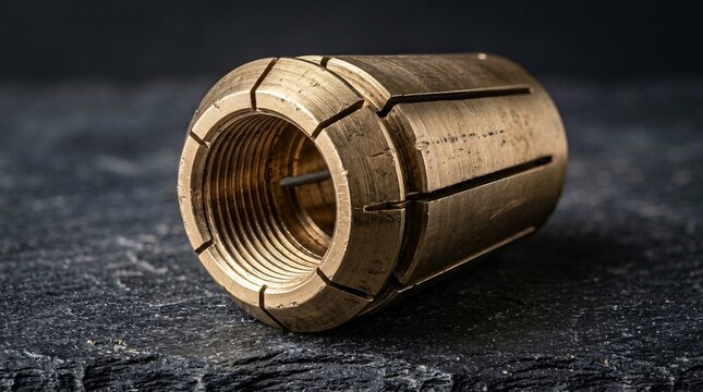 Heavy-duty machined brass collet showcases intricate metal threading and highly precise milling marks while resting on a dark slate surface.