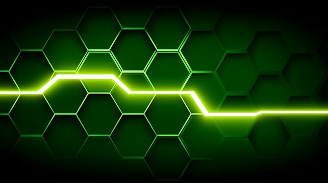 Abstract glowing green geometric wireframe pattern with yellow glowing lines on dark background