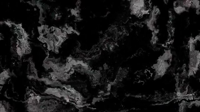 A shifting black marble texture (liquid marble). The slow, undulating fluid motion creates a billowing smoke effect, subtle glitch distortions, and mysterious topographical patterns, 
