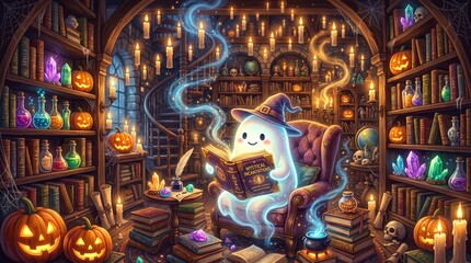 Fototapeta premium Friendly ghost reading a book in a spooky library