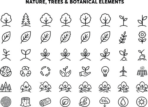 Nature trees and botanical elements icons collection for ecology and conservation concepts