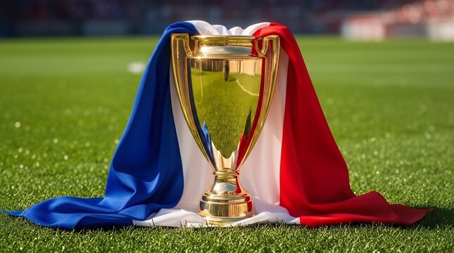 Golden championship trophy with French tricolor flag on football field. Golden sports trophy draped with a tricolor flag on a football field before a final