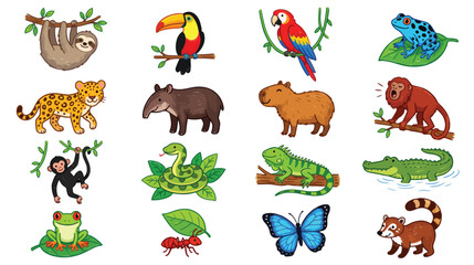 Fototapeta premium Cute Crayon Rainforest Animals Collection Hand Drawn Kids Style Vector