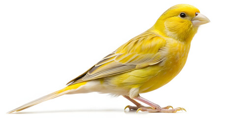 Fototapeta premium Bright yellow canary bird perched on branch isolated on white background close up