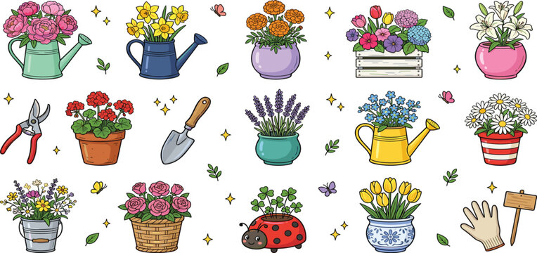 Beautiful Gardening and Spring Flower Vector Set with Cute Pots Watering Cans Tools and Floral Elements for Graphic Design Projects