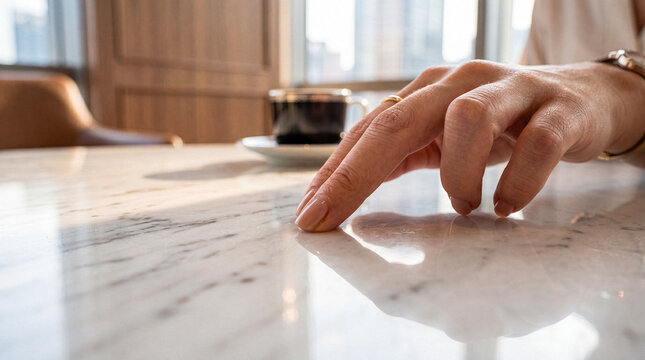 A close-up image of a woman's hand with a ring, gently touching a reflective white marble table in a bright.