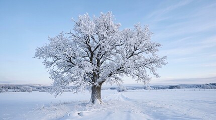 Fototapeta premium Majestic solitary oak tree completely coated in thick white winter frost stands in a vast snow-covered field under a pale blue morning sky.