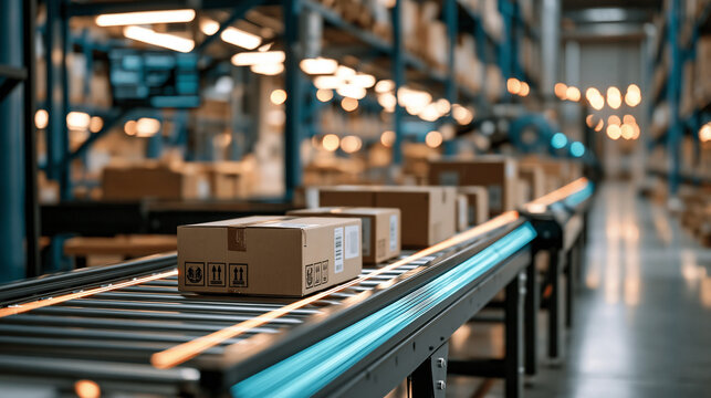 Bright modern automated warehouse aisle with glowing scan markers tracing along a conveyor of boxes cool diffused light and clean reflective floor no people distant shot smart
