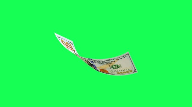 A US hundred dollar banknote twists and flips in midair against a green chroma key background
