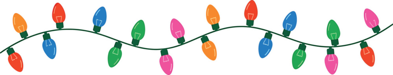 Fototapeta premium Christmas string lights with colorful bulbs on a dark green wire