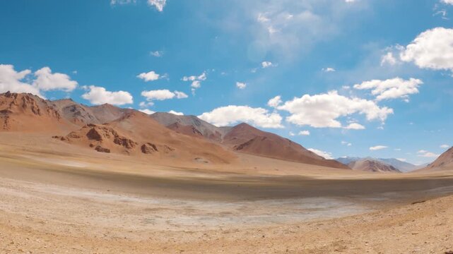 4K shot of Himalayan mountain peaks during the summer season in Ladakh, India. Scenic natural background of dry arid mountain range of Ladakh, Natural background with copy space. Scenic view.