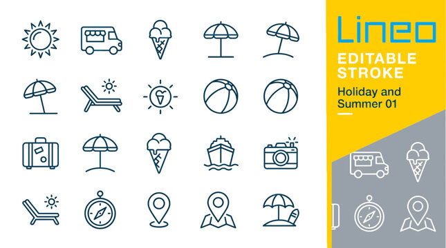 Editable stroke icons for holiday and summer concepts