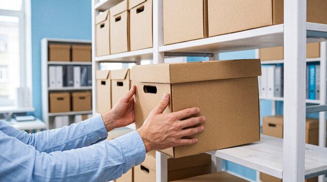 Male hands placing a brown cardboard storage box neatly onto a white shelf in an organized office archive room.