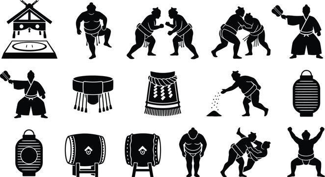 Sumo Wrestling Black Silhouette Icon Set Combat Sport Action Training Equipment Vector Collection Minimal Modern Isolated Icons