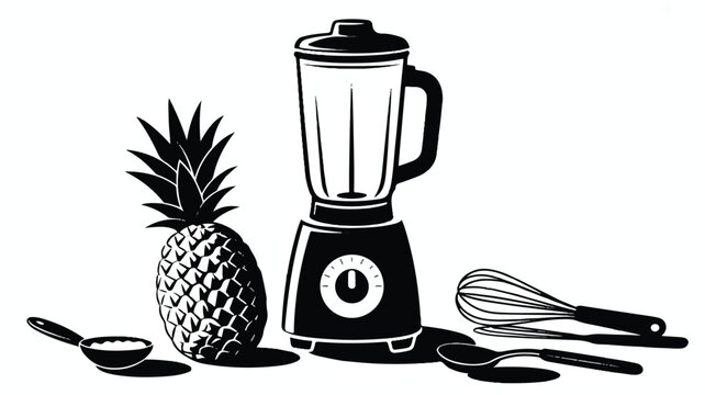 A black and white illustration of a blender with a pineapple and kitchen utensils on a table indoors