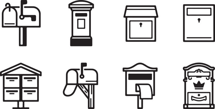 Eight different mailbox and postbox icons in black and white style Vector