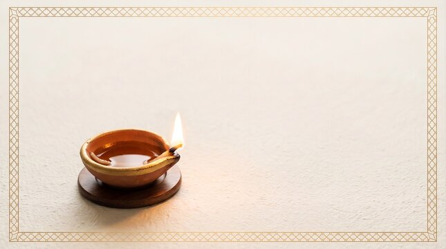 A small clay diya, a traditional oil lamp, is seen on a simple, light-colored surface. The lamp is lit with a gentle flame, emitting a warm glow. It is set on a wooden base, providing stability. 