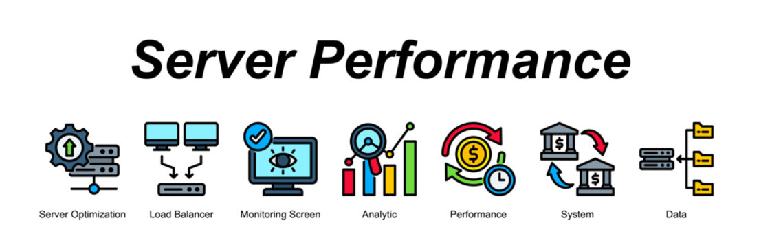 Server Performance banner web icon vector illustration concept with an icon of Server Optimization, Load Balancer, Monitoring Screen, Analytic, Performance, System, Data 