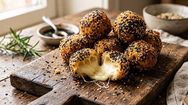 Savory deep-fried mozzarella cheese balls coated in black sesame seeds stack neatly on a rustic wooden board in soft warm appetizing light.