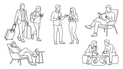 Obraz premium Boutique Hotel Guests Carrying Luggage Socializing Reading Relaxing Hospitality Architecture CAD Presentation Characters Vector Illustration