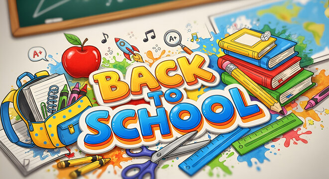 Back to School Cartoon Scene with Supplies and Text