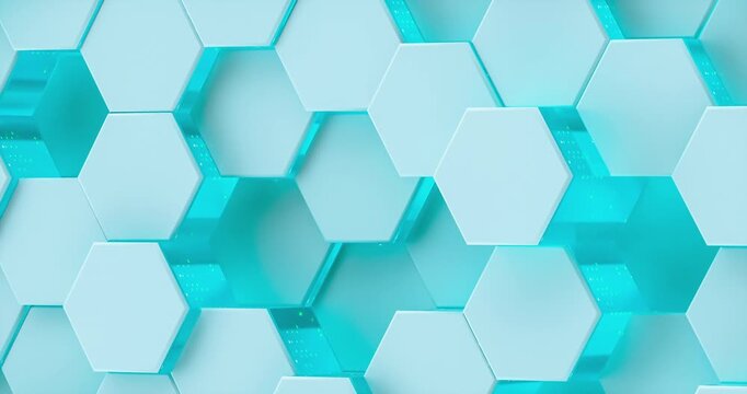Abstract 3d hexagon grid background with white tiles and digital glowing cyan light. 4k seamless loop animation.