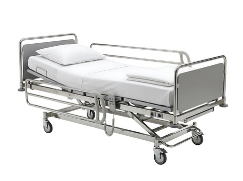 Modern Adjustable Hospital Bed with White Linens Isolated on White