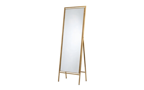 Wooden floor standing mirror with metal frame in empty room isolated on transparent background