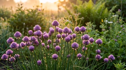 Fototapeta premium Sunlit cluster of vibrant purple chives grows vigorously in a garden bed with delicate stalks glowing under bright golden hour backlight.