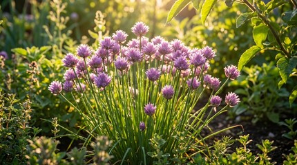 Obraz premium Sunlit cluster of vibrant purple chives grows vigorously in a garden bed with delicate stalks glowing under bright golden hour backlight.